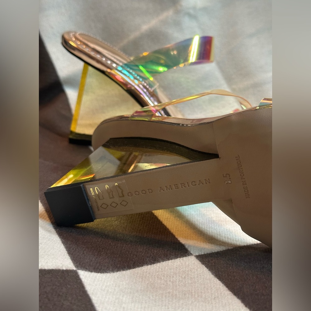 GOOD AMERICAN WOMEN’S Cinder-F*cking-rella Metallic Rainbow Wedge Sandals - Picture 6 of 8